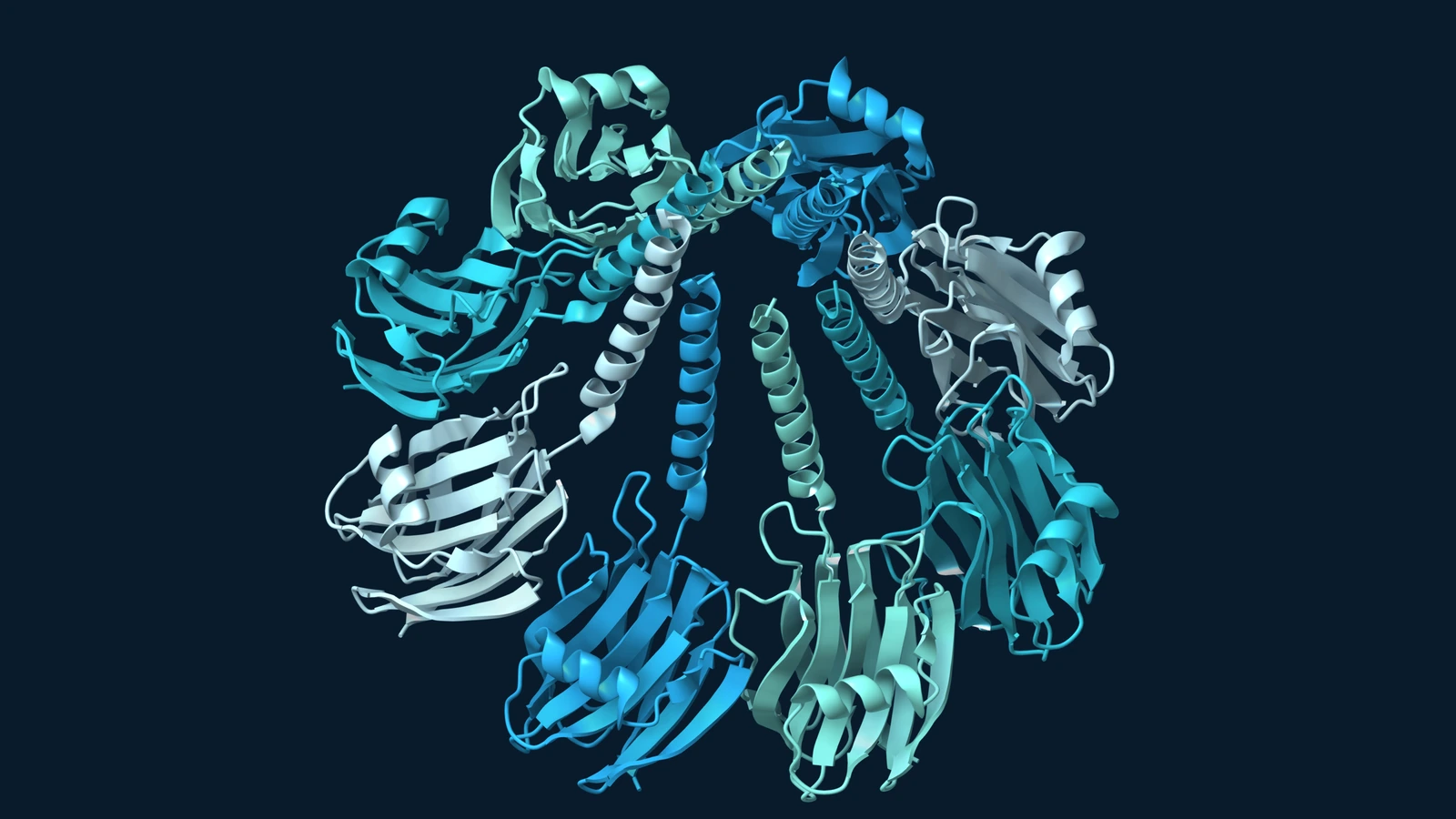 Ribbon representation of eight fragaceatoxin C subunits arranged around a central pore.