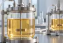 Two glass reaction vessels containing amber liquid in a bright laboratory setting.