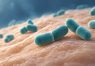 Teal rod-shaped bacteria on a textured, skin-like surface.