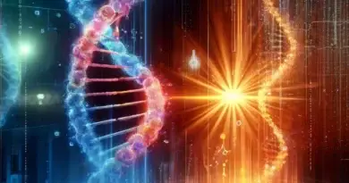 Abstract representation of a digital matrix with intricate patterns of binary code and floating holographic elements, symbolizing the forefront of genetic editing technology. The image conveys a theme of innovation and cutting-edge biotechnology.