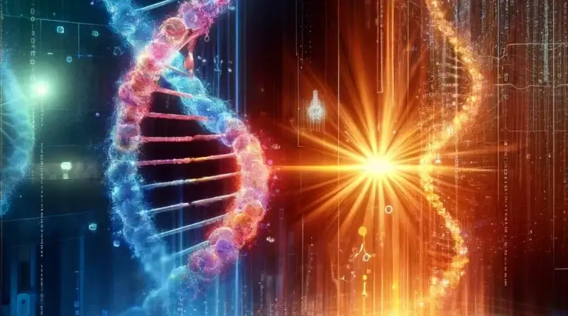 Abstract representation of a digital matrix with intricate patterns of binary code and floating holographic elements, symbolizing the forefront of genetic editing technology. The image conveys a theme of innovation and cutting-edge biotechnology.
