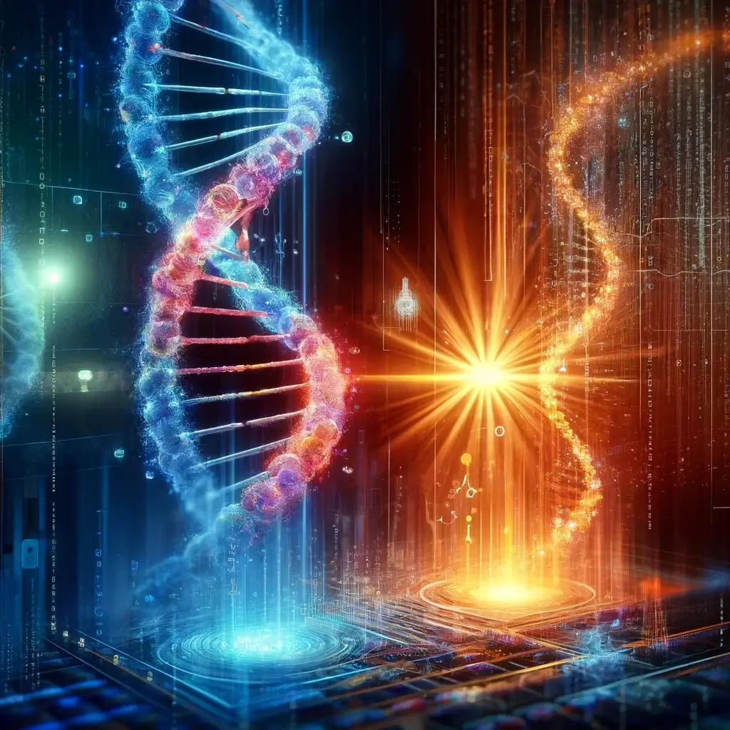 Abstract representation of a digital matrix with intricate patterns of binary code and floating holographic elements, symbolizing the forefront of genetic editing technology. The image conveys a theme of innovation and cutting-edge biotechnology.