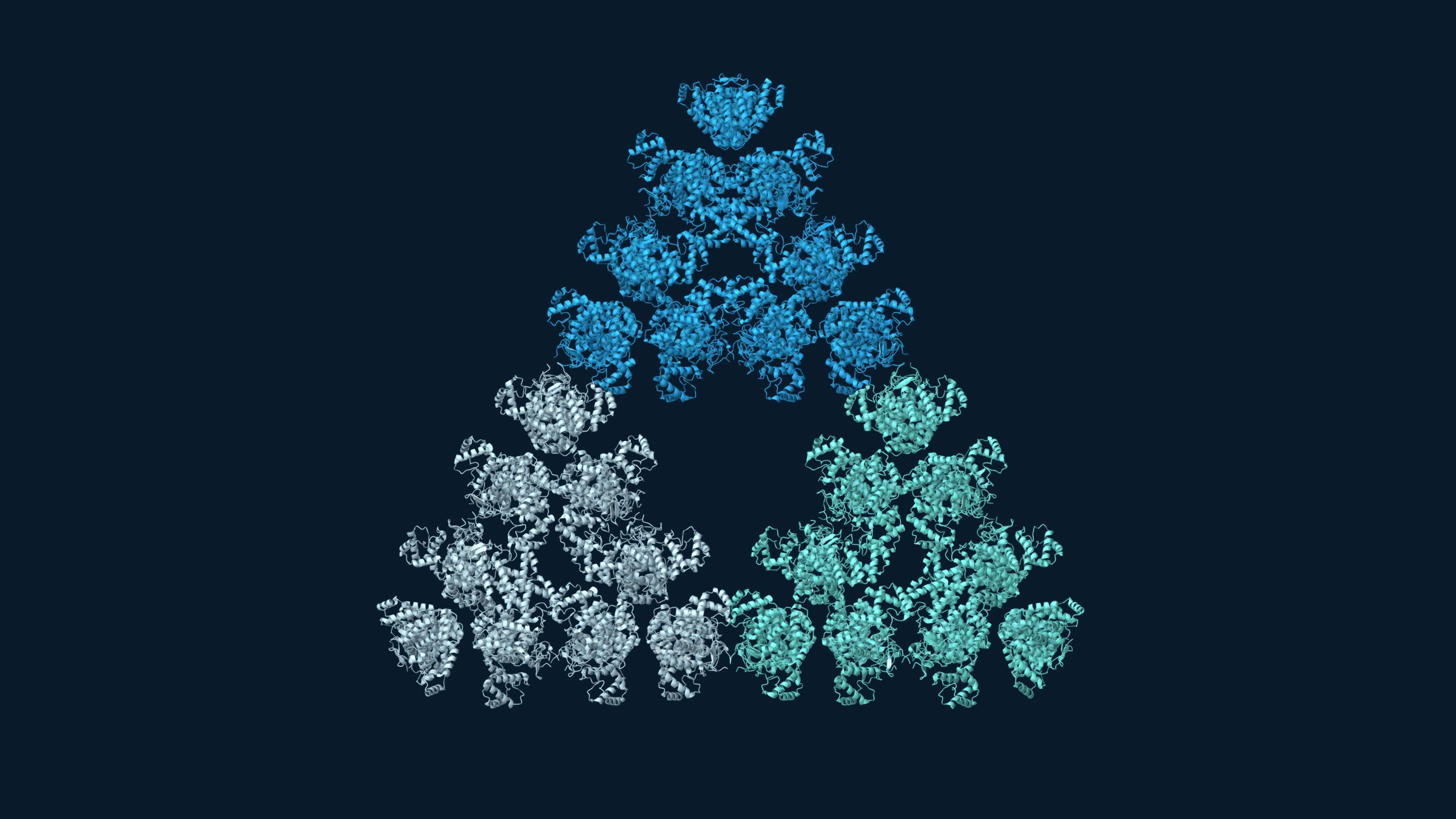 Blue, teal and pale-blue citrate synthase subassemblies form a larger triangle with a central triangular opening.