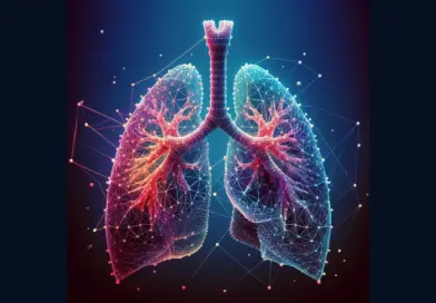 Cyan and pink polygonal lungs with branching airways against a dark blue background.