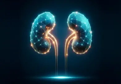 Two stylised kidneys with a blue wireframe surface and gold ureters against a dark background.