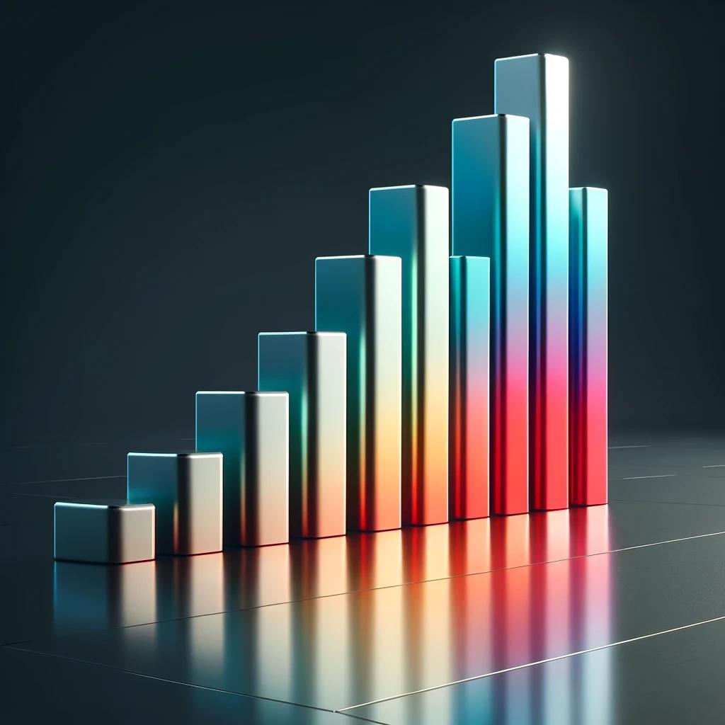 A digital 3D bar graph with a gradient of colors from blue to red.
