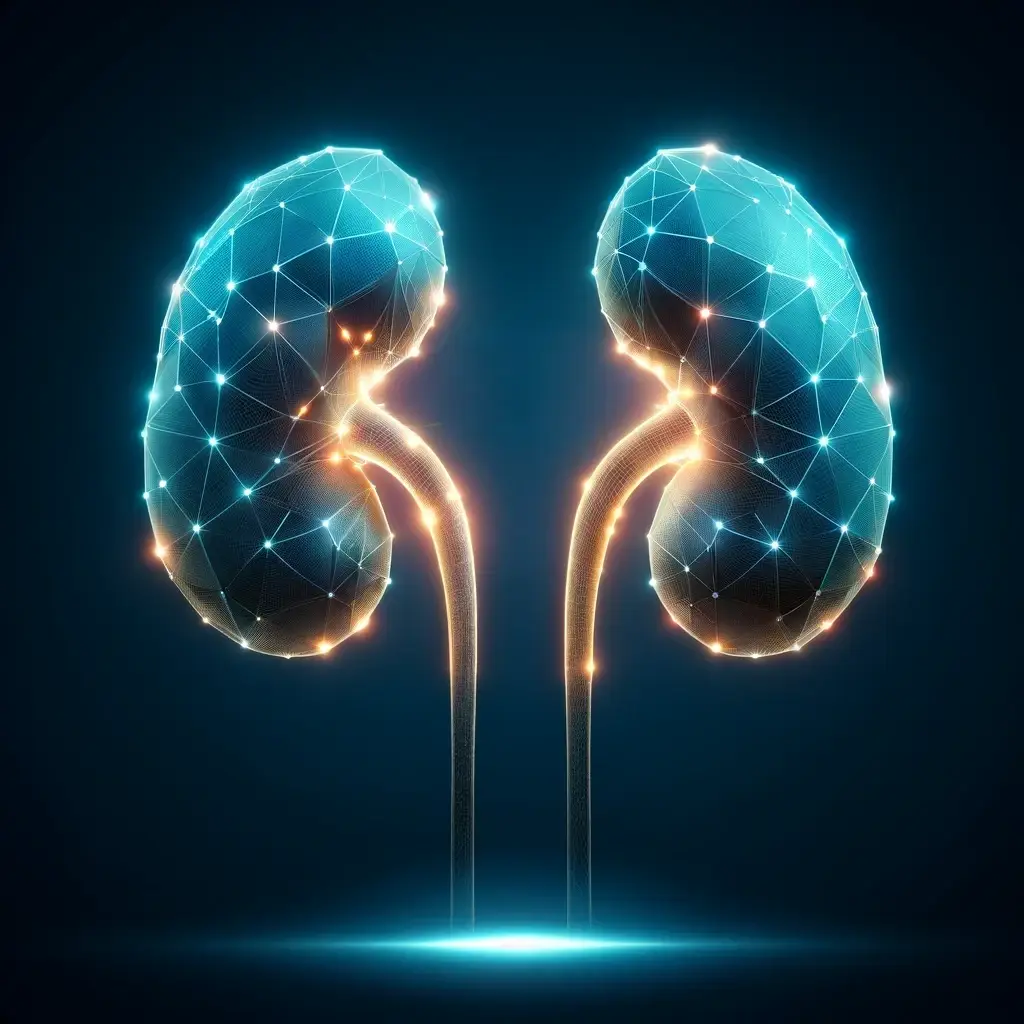 Futuristic, glowing low-poly human kidneys, isolated on a dark blue background, embodying a digital and sci-fi aesthetic.