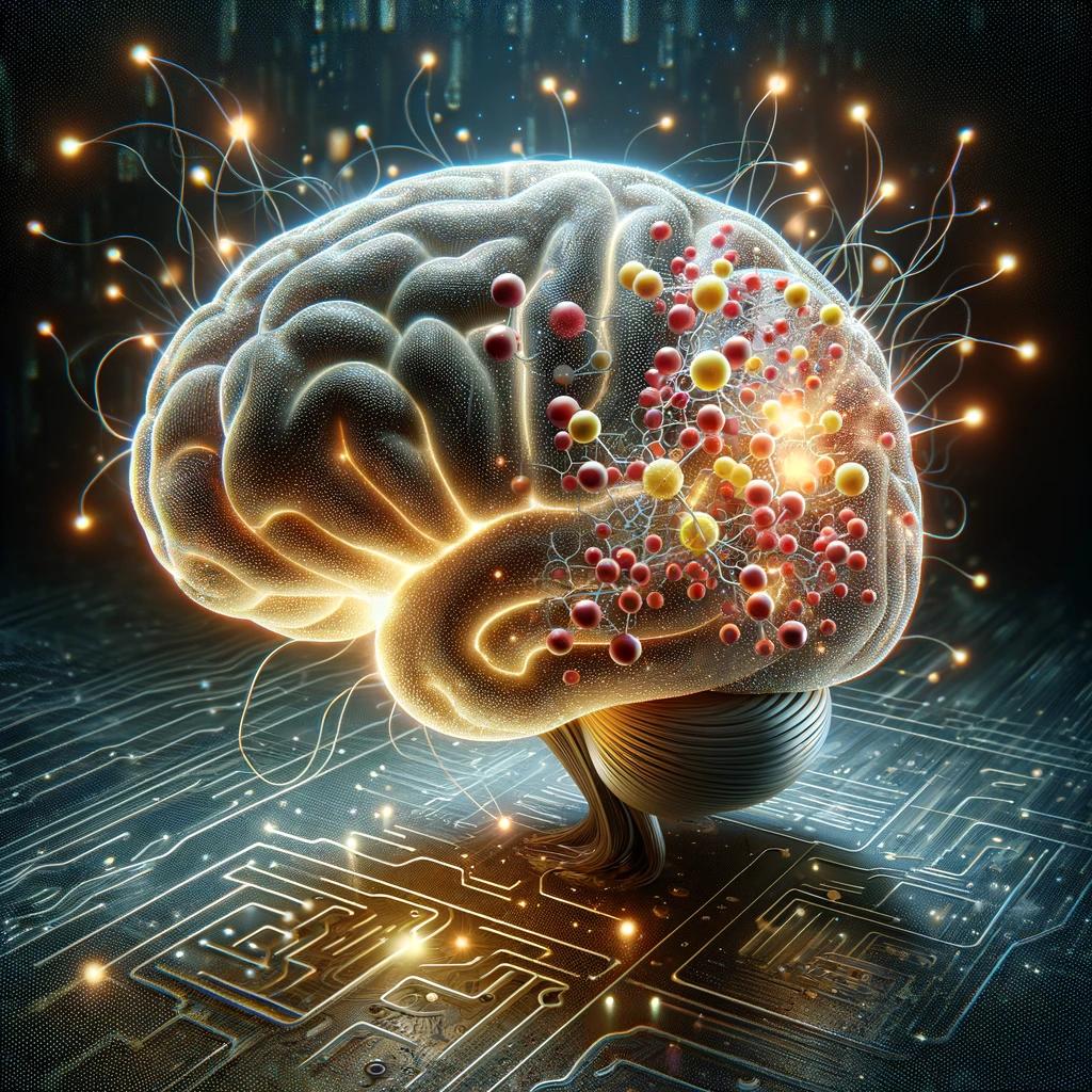 A digital brain with neural pathways and enzyme molecules, symbolizing the intersection of AI and enzyme science.