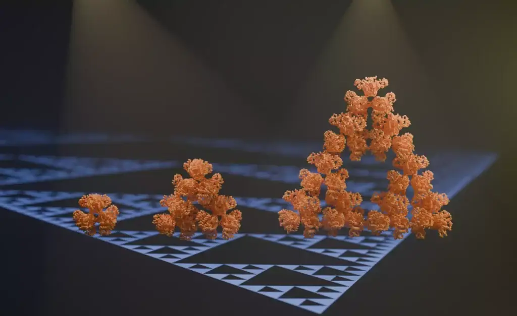 Illustration of citrate synthase molecules self-assembling into Sierpiński triangle fractals, a novel discovery in enzyme structure.