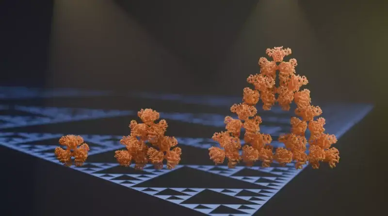Illustration of citrate synthase molecules self-assembling into Sierpiński triangle fractals, a novel discovery in enzyme structure.