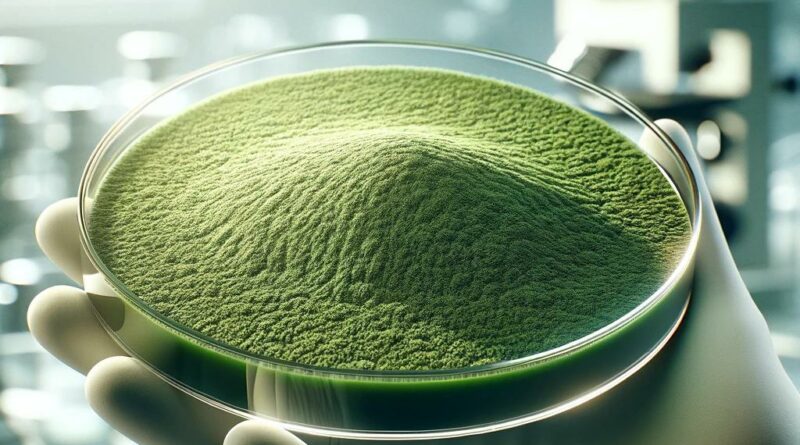 A petri dish held by a gloved hand in a laboratory setting, containing a dense, mound-shaped culture of green fungus, suggesting an experimental or research context.