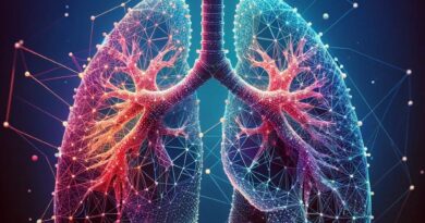 A 3D polygonal representation of human lungs set against a deep blue background. The intricate structure of the lungs is depicted with interconnected lines and dots. The image combines art and medical education, showcasing the complexity and beauty of human biology in a modern, minimalist aesthetic.