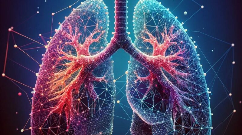 A 3D polygonal representation of human lungs set against a deep blue background. The intricate structure of the lungs is depicted with interconnected lines and dots. The image combines art and medical education, showcasing the complexity and beauty of human biology in a modern, minimalist aesthetic.