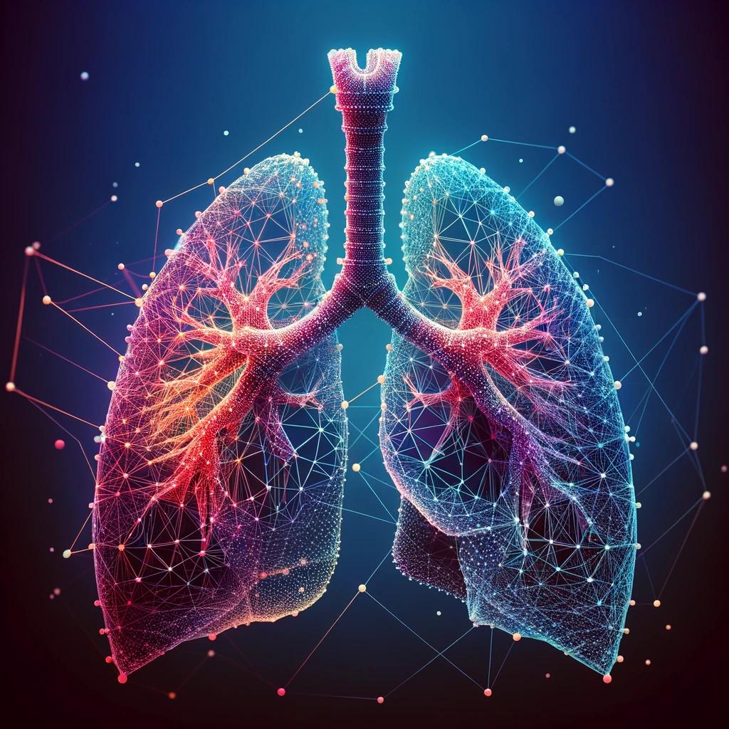 A 3D polygonal representation of human lungs set against a deep blue background. The intricate structure of the lungs is depicted with interconnected lines and dots. The image combines art and medical education, showcasing the complexity and beauty of human biology in a modern, minimalist aesthetic.