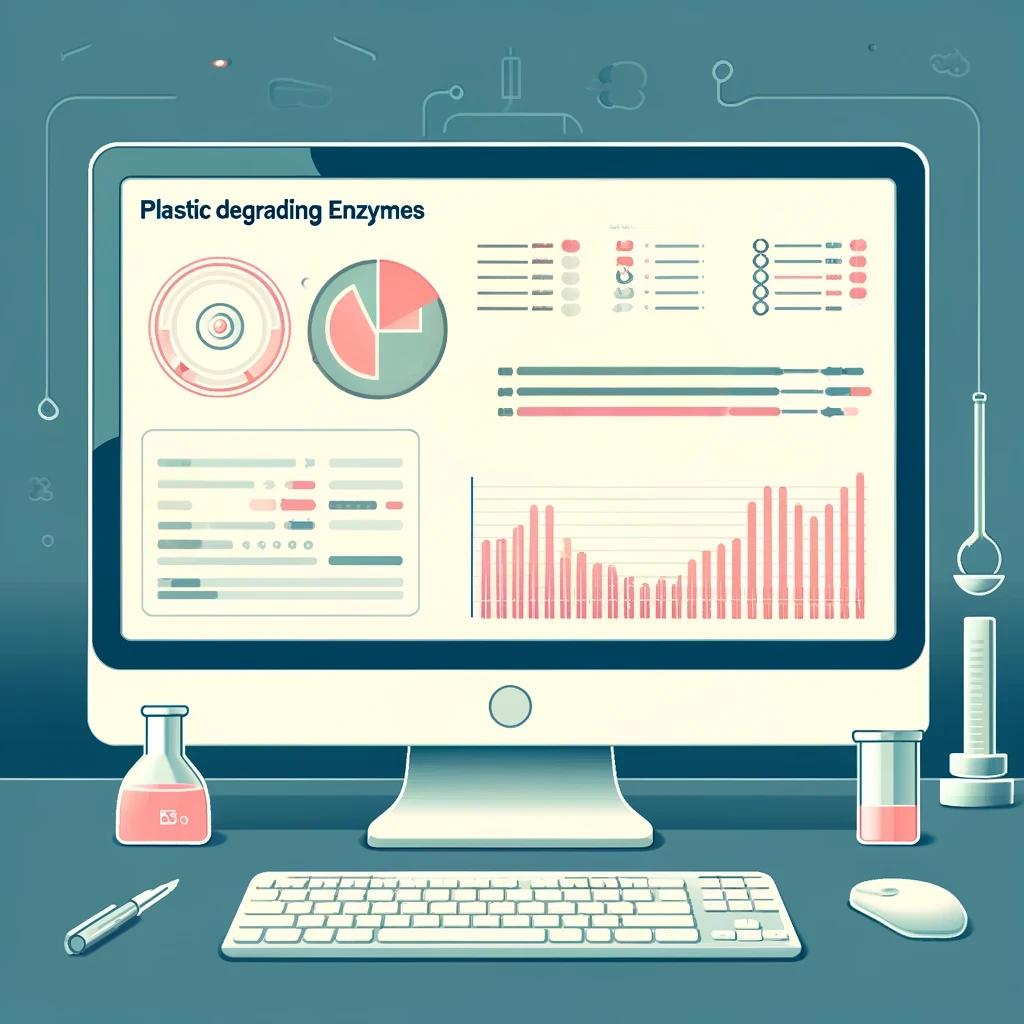 The image depicts a stylized computer setup with a monitor displaying a graphical interface titled "Plastic degrading Enzymes".