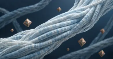 Conceptual illustration of pale blue collagen fibres surrounded by faceted nanoparticles.