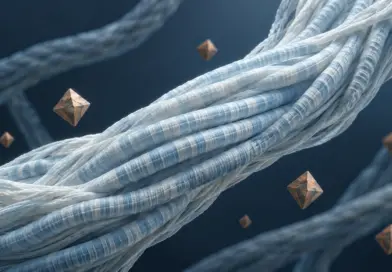 Conceptual illustration of pale blue collagen fibres surrounded by faceted nanoparticles.
