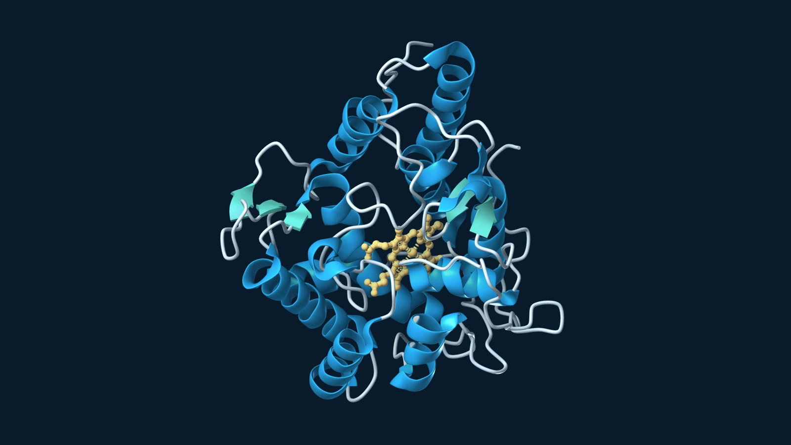 Ribbon structure of the engineered PaDa-I peroxygenase, with a gold heme cofactor surrounded by blue helices on a dark background.