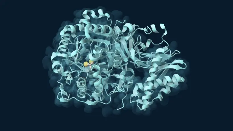 Aqua ribbons and a translucent blue surface reveal a bacterial urease catalytic unit, with two gold-rendered nickel ions and peach-coloured urea at its active site against a dark navy background.